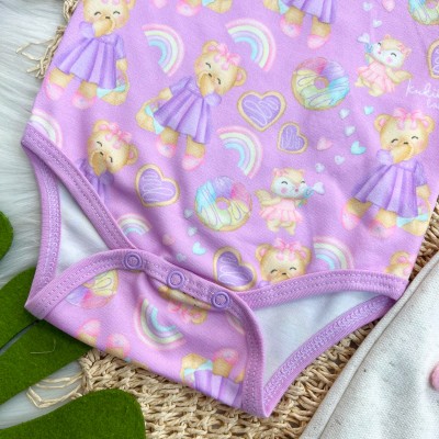 Conj. Body Ursinhas e Short Saia com Pompom - Lilás e Areia